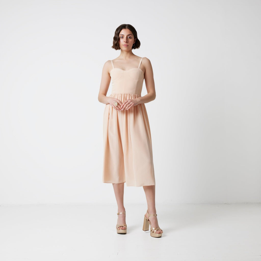 Dahlia Petite Corset Inspired Midi Dress in Peach shade