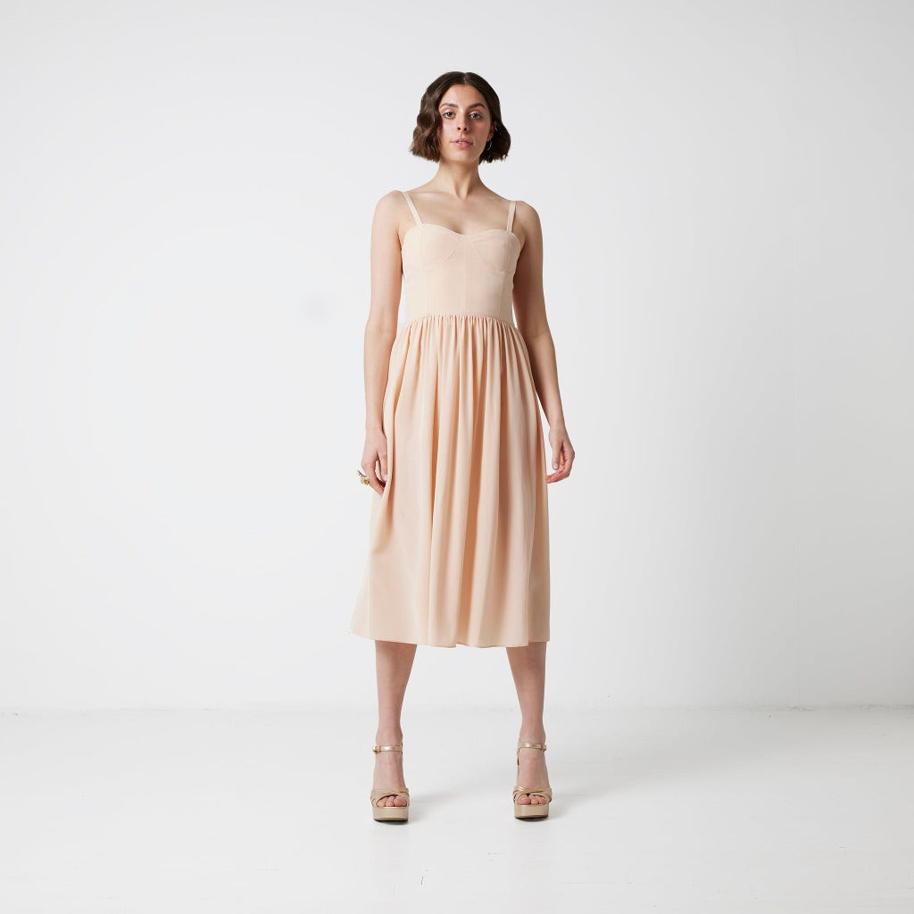 Dahlia Petite Corset Inspired Midi Dress in Peach shade