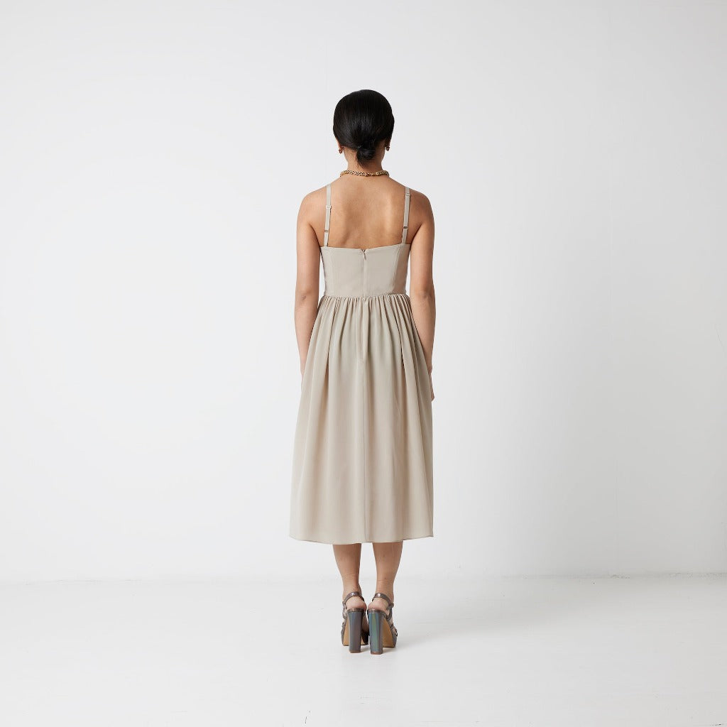 Dahlia Petite Corset Inspired Midi Dress in Grey-Taupe shade