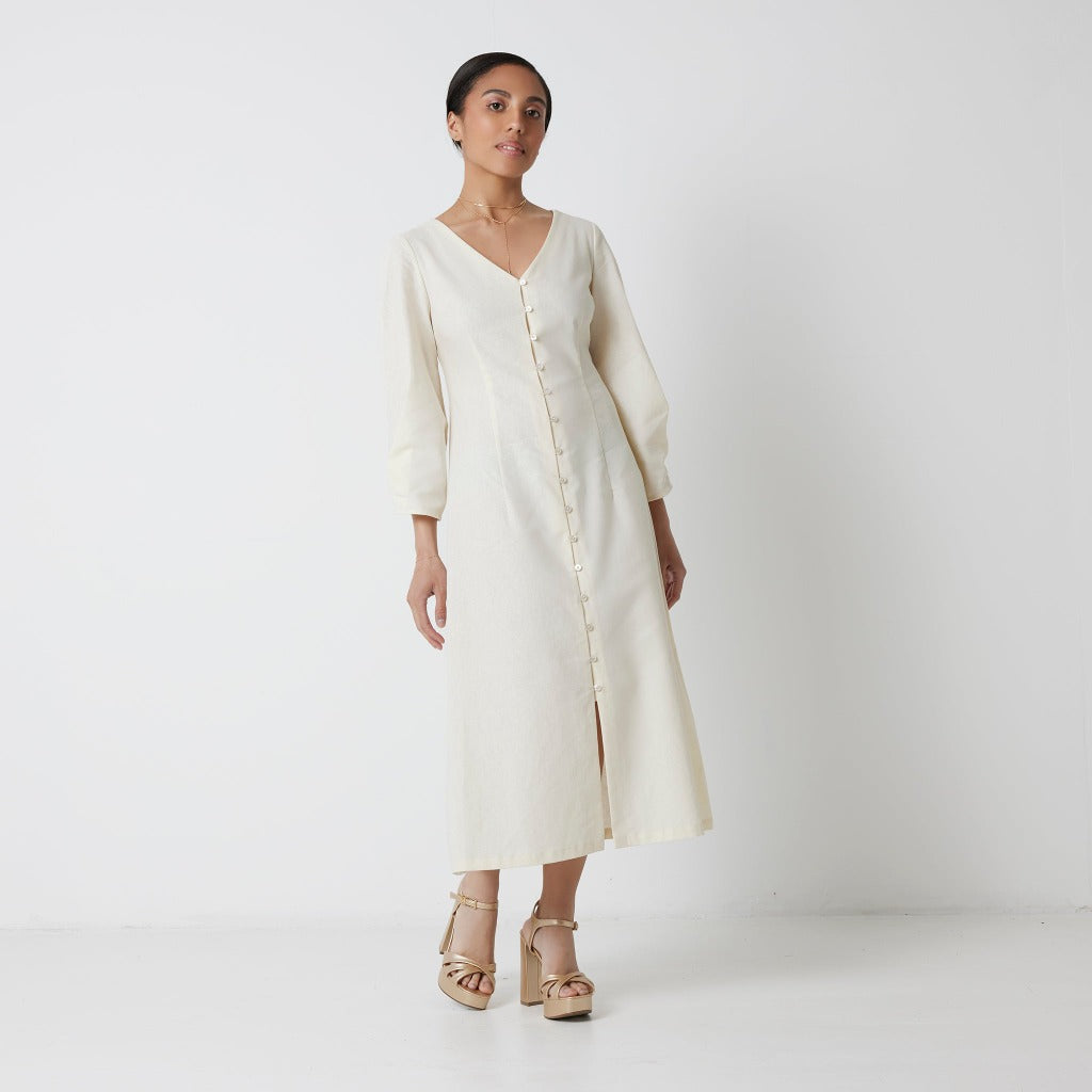 front view of Leighton petite dress in sweet cream linen cotton 