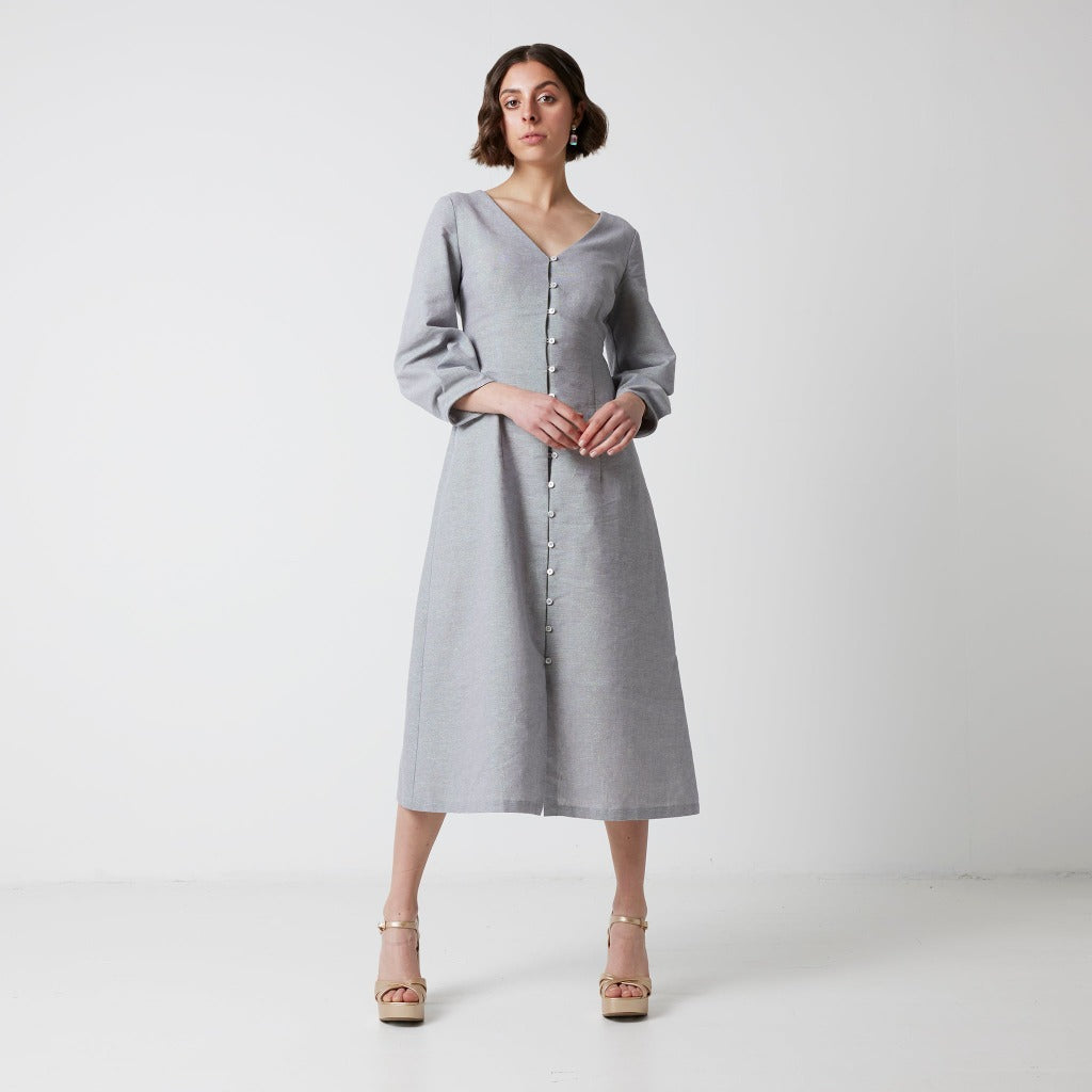 Leighton Petite Dress in Grey-Blue Linen-Cotton Fabric 